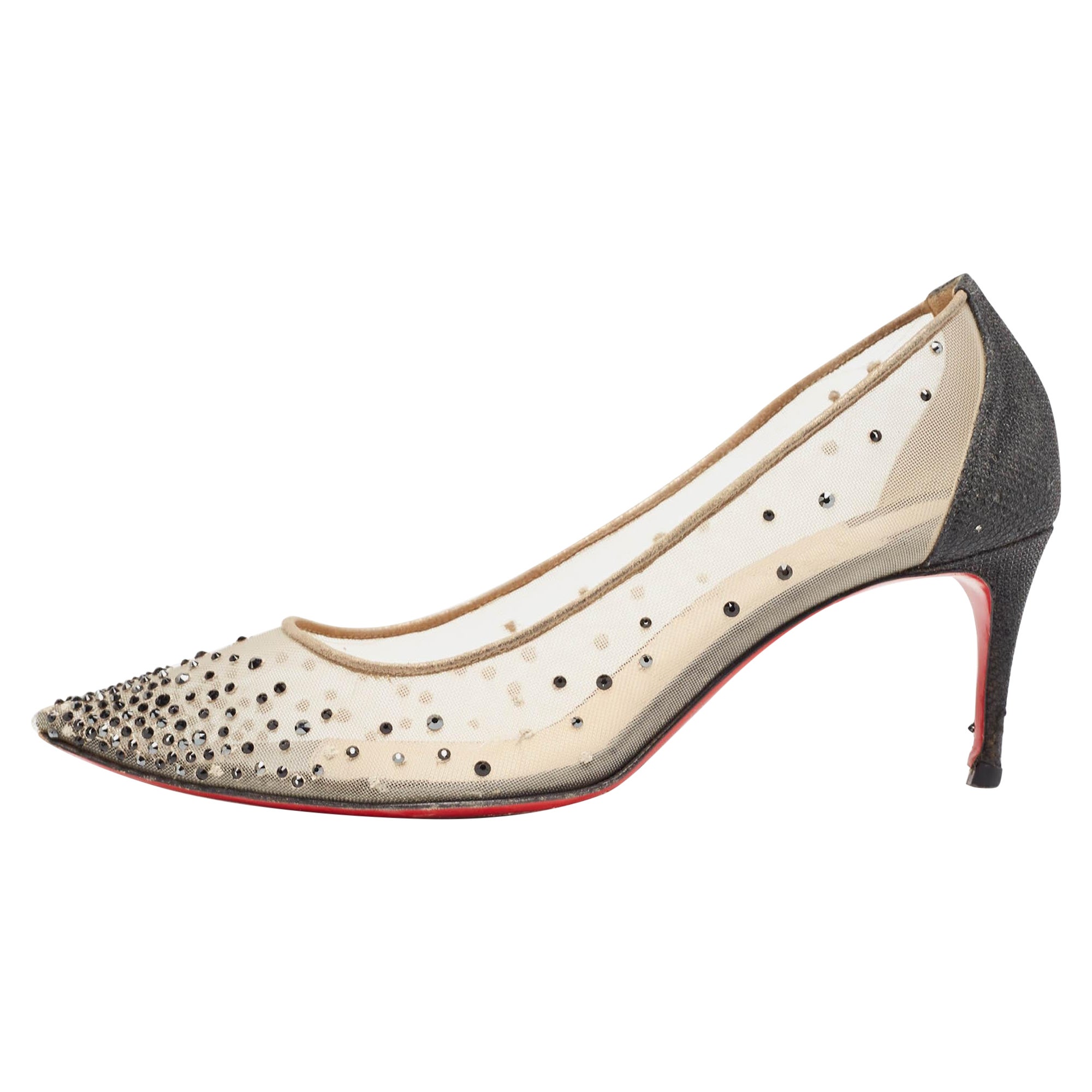 Christian Louboutin Black Glitter Fabric and Mesh Follies Strass Pumps Size 38.5 For Sale