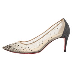 Christian Louboutin Black Glitter Fabric and Mesh Follies Strass Pumps Size 38.5