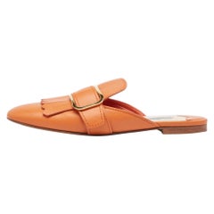 Prada Orange Leather Fringe Buckle Flat Mules Size 39.5