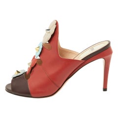 Fendi Red/Dark Brown Leather Flowerland Mules Size 38