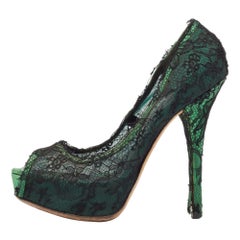 Dolce & Gabbana Black/Green Lace and Satin Peep Toe Platform Pumps Size 40