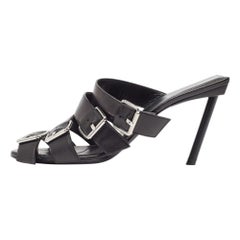 Balenciaga Black Leather Buckle Strappy Slide Sandals Size 39