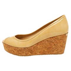 Jimmy Choo Beige Patent Leather Cork Wedge Parley Pumps Size 39