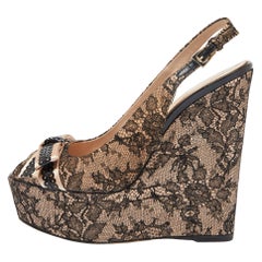 Dior Black/Beige Lace and Satin Bow Slingback Platform Wedge Sandals Size 38