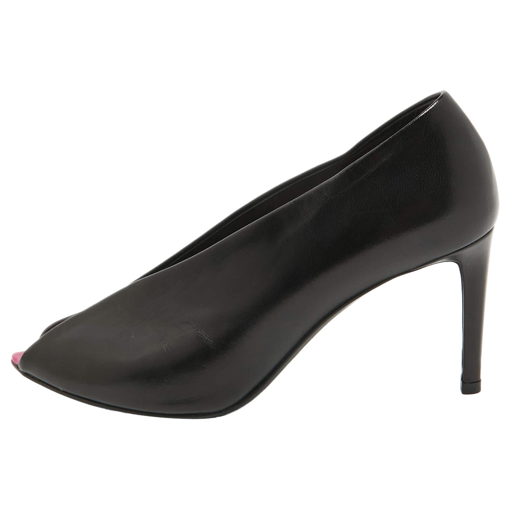Balenciaga Leather Black V Neck Peep Toe Pumps Size 36.5