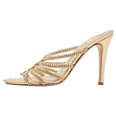Gina Gold Crystal Embellished Leather Slide Sandals Size 37.5