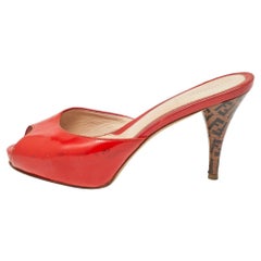 Fendi Red Patent Leather Zucca Heel Slide Sandals Size 36.5