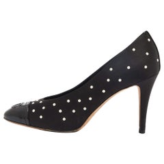 Chanel Black Satin and Patent Leather Pearl Embellished Cap Toe Pumps Size 39