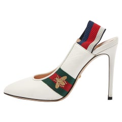 Gucci White Leather Sylvie Web Pointed Toe Slingback Pumps Size 39