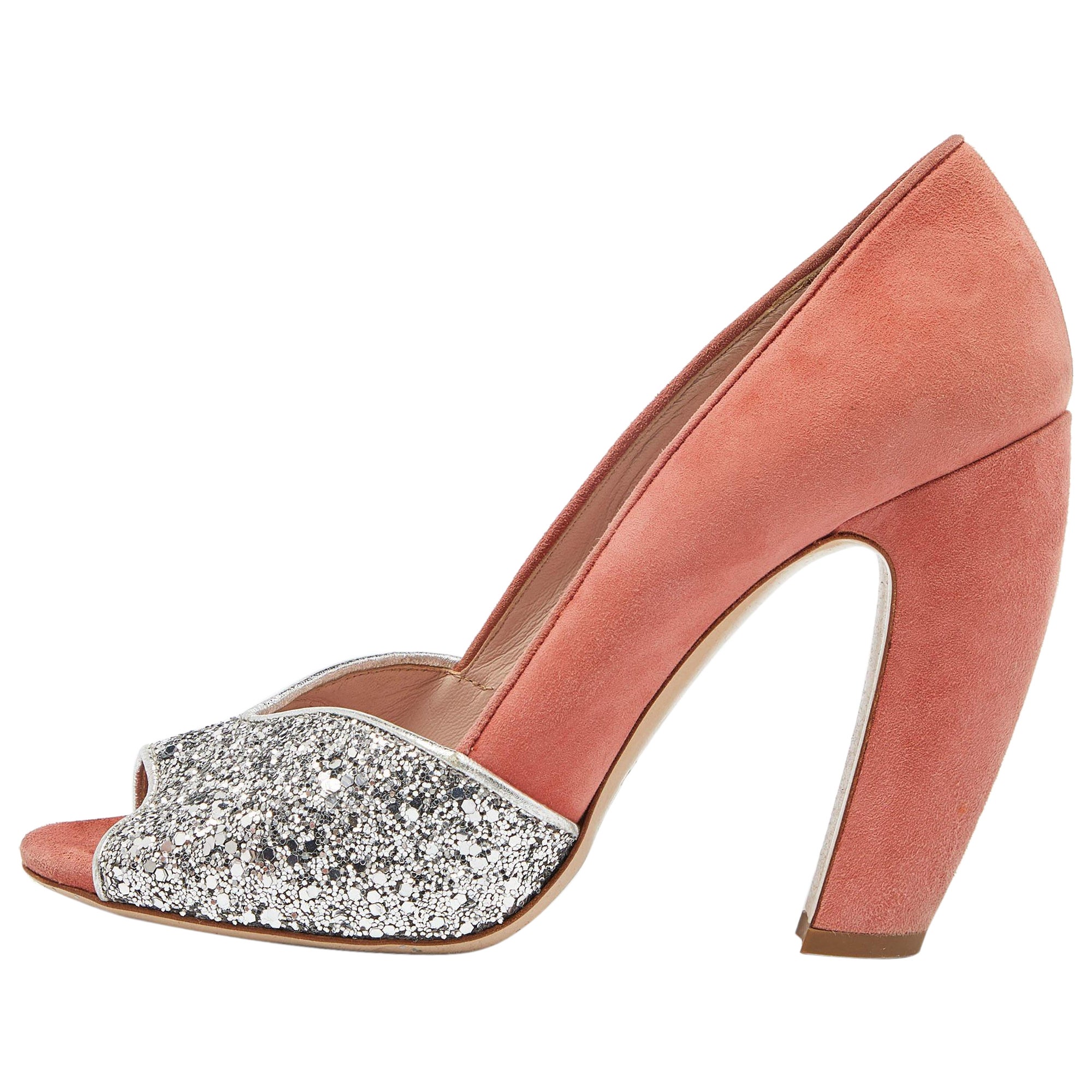 Miu Miu arancione/argento, camoscio e glitter, punta aperta, taglia 38 in vendita