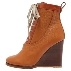 Chloe Brown Leather Wedge Ankle Booties Size 37.5