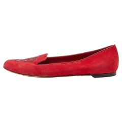 Alexander McQueen Zapatillas de fumar de ante rojo con calavera de lentejuelas talla 37
