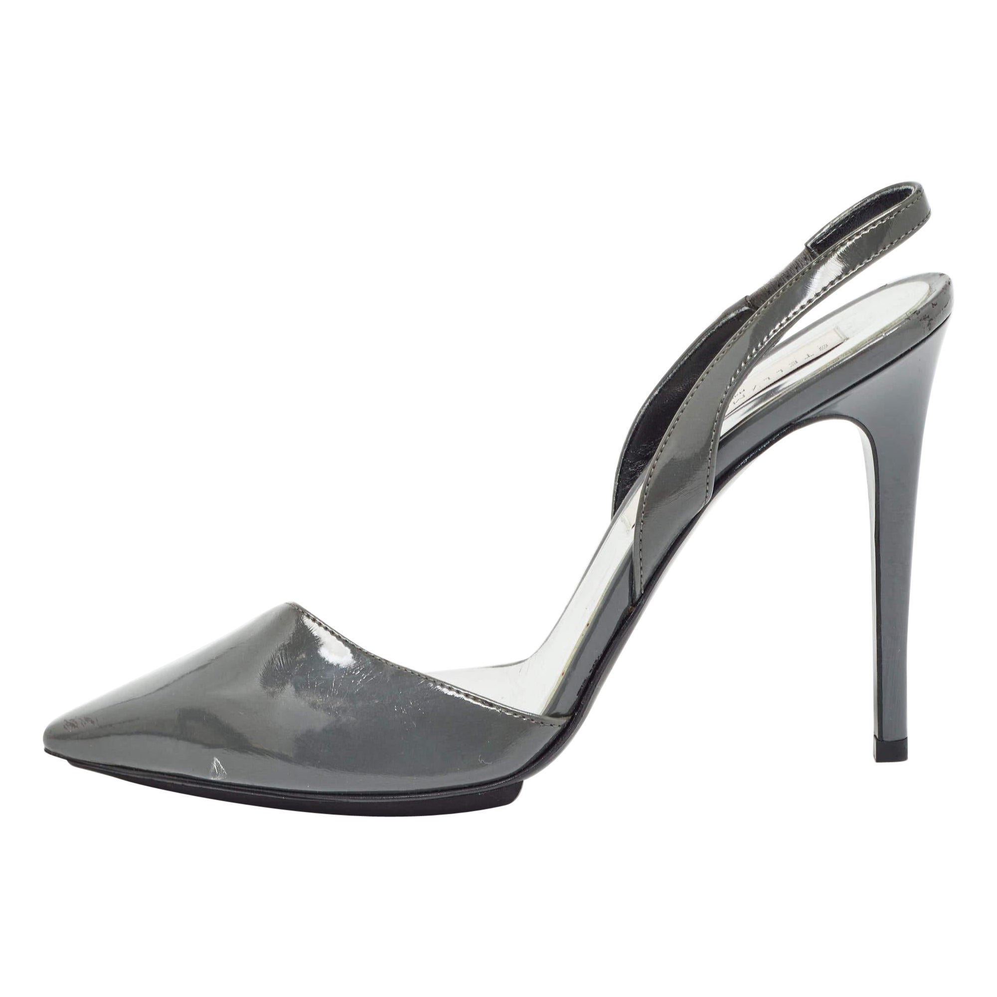Stella McCartney Grey Faux Patent Leather Slingback Pumps Size 36.5 For Sale