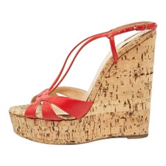 Christian Louboutin Red Leather Strappy Cork Wedge Sandals Size 38.5