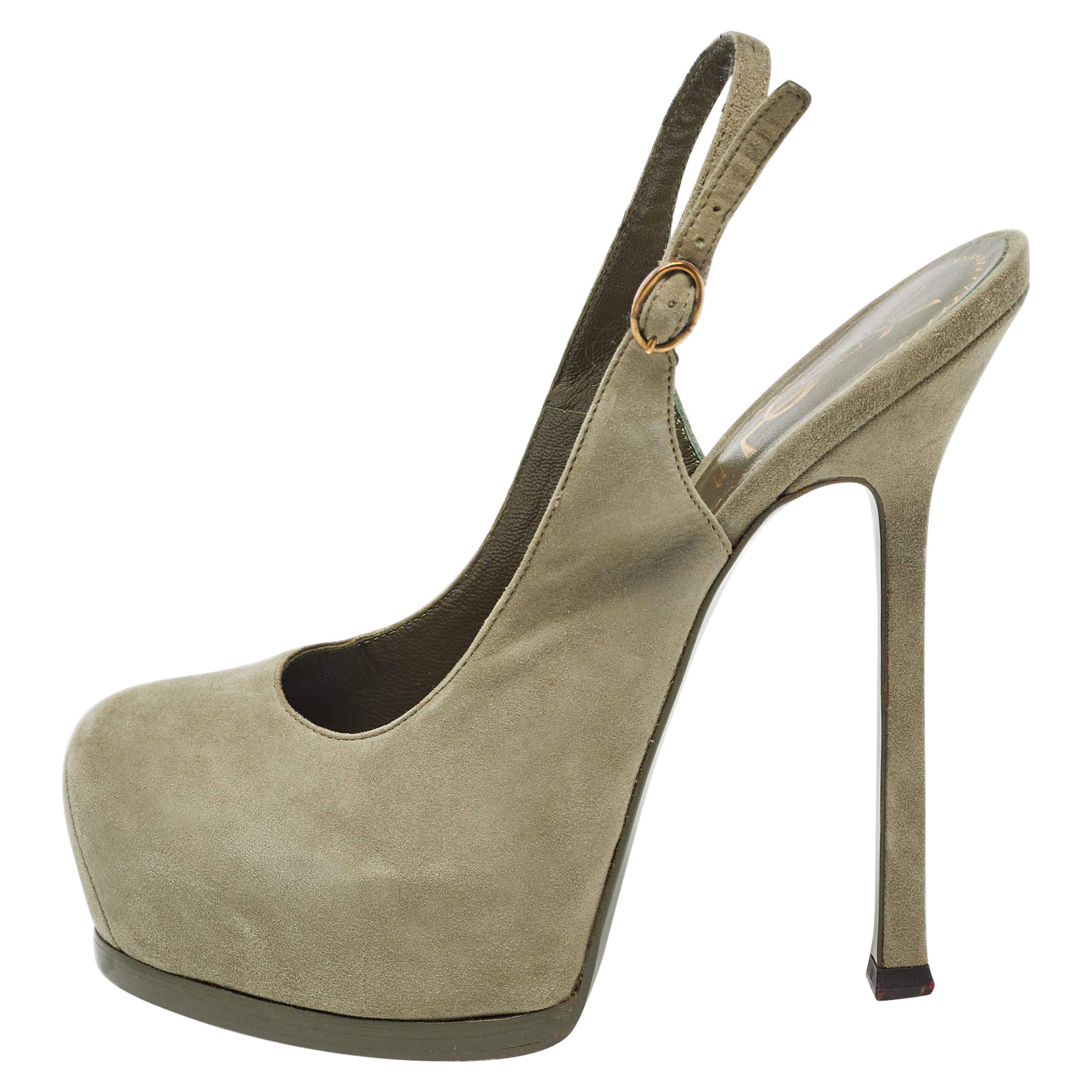 Yves Saint Laurent - Pumps Tribtoo in pelle scamosciata verde militare misura 35