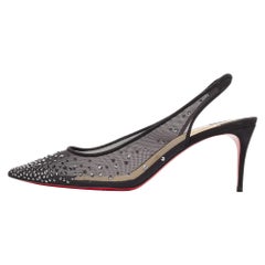 Christian Louboutin Black Mesh Follies Strass Slingback Pumps Size 39.5