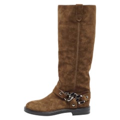 Casadei Brown Suede Chain Detail Knee Length Boots Size 36