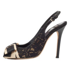 D&G Black Black Leather and Lace Bow Peep Toe Slingback Pumps Size 39