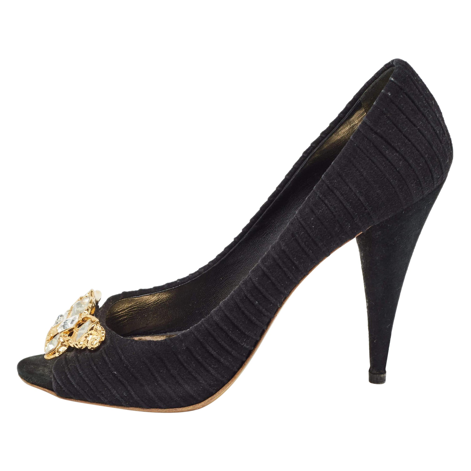 Miu Miu Black Suede Crystals Embellishment Peep Toe Pumps Size 41 For Sale