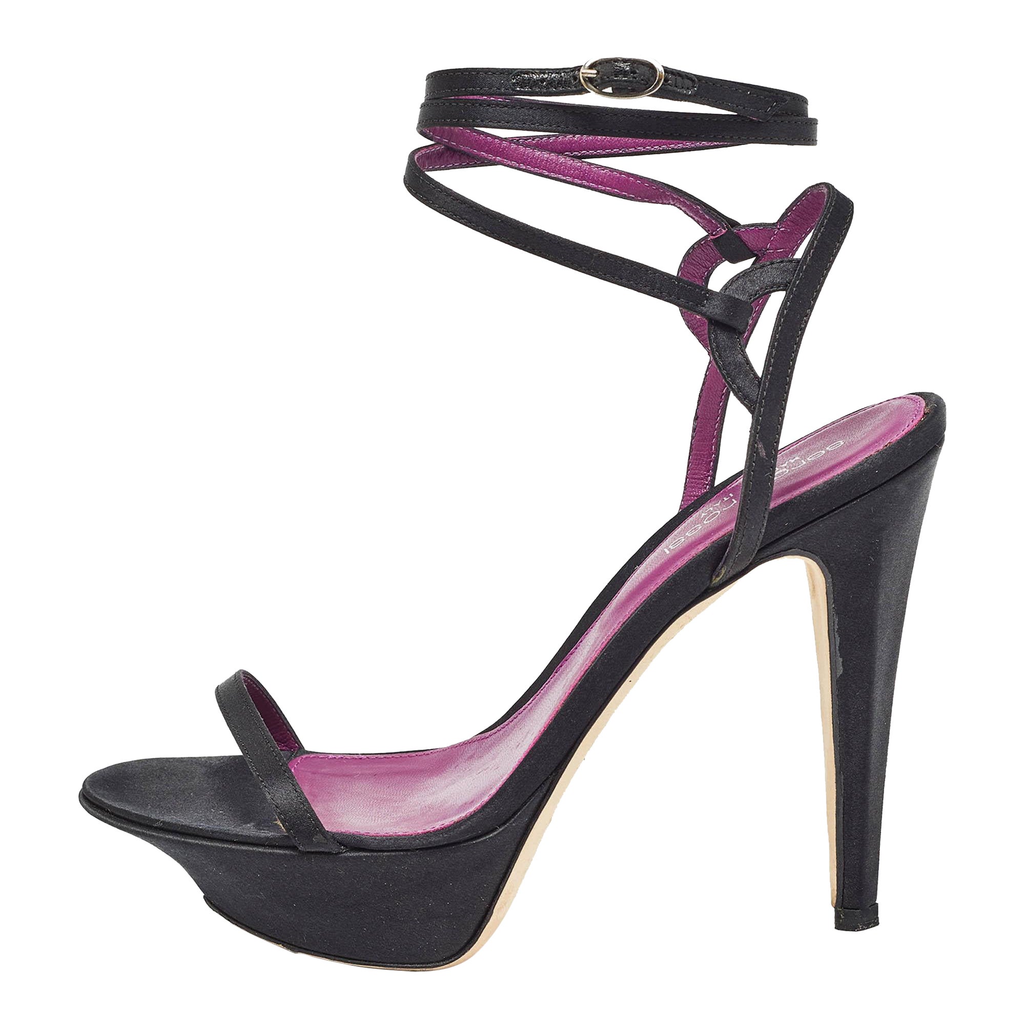 Sergio Rossi Black Satin Ankle Strap Platform Sandals Size 37.5 For Sale