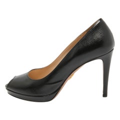 Prada Black Saffiano Vernice Leather Peep Toe Platform Pumps Size 36