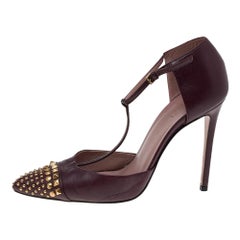 Gucci Burgundy Leather Coline Studded T Strap Pumps Size 38