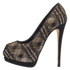 Giuseppe Zanotti Black/Gold Lace and Sequins Platform Peep Toe Pumps Size 37