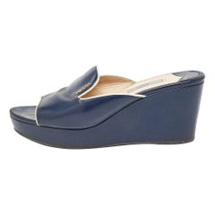 Prada Navy Blue Saffiano Patent Leather Logo Wedge Sandals Size 38