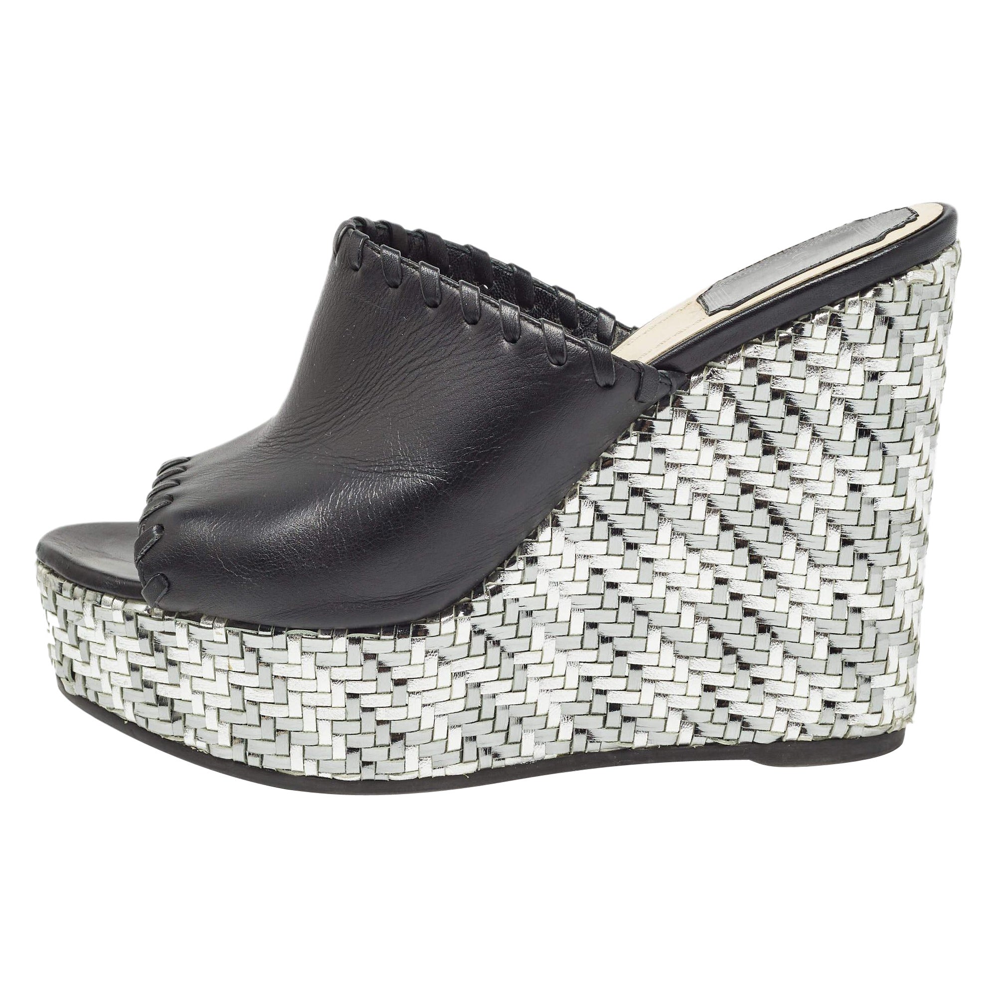 Dior Black Leather Woven Wedge Platform Slide Sandals Size 38.5 For Sale