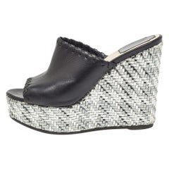 Dior Black Leather Woven Wedge Platform Slide Sandals Size 38.5