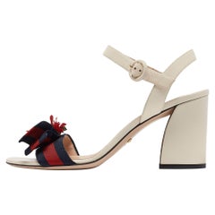 Gucci Cream Leather Web Bow Flower Block Heel Ankle Strap Sandals Size 39