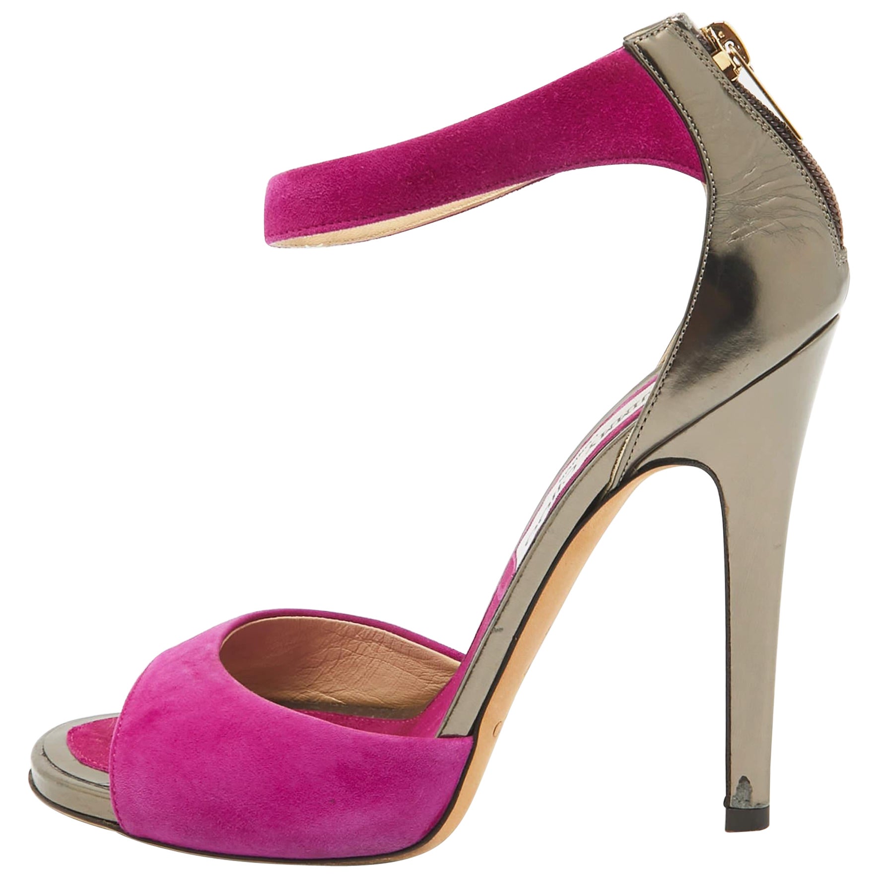 Jimmy Choo Purple/Metallic Grey Suede and Leather Ankle Strap Sandals Size 37.5 For Sale