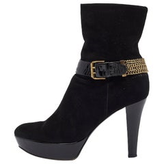 Casadei Black Suede Buckle Chain Embellished Platform Ankle Boots Size 38