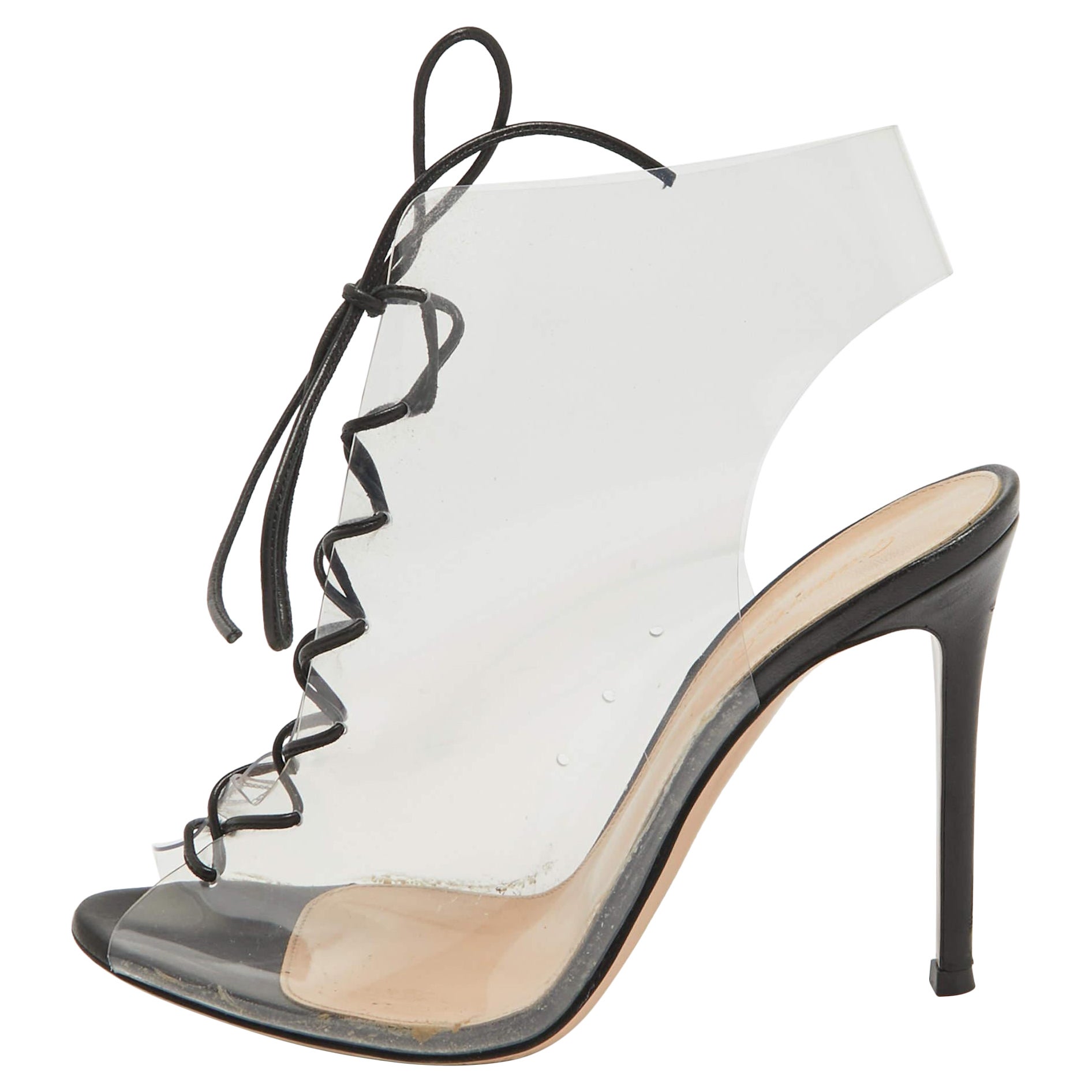 Gianvito Rossi Black Leather and PVC Helmut Lace Up Booties Size 39.5 For Sale