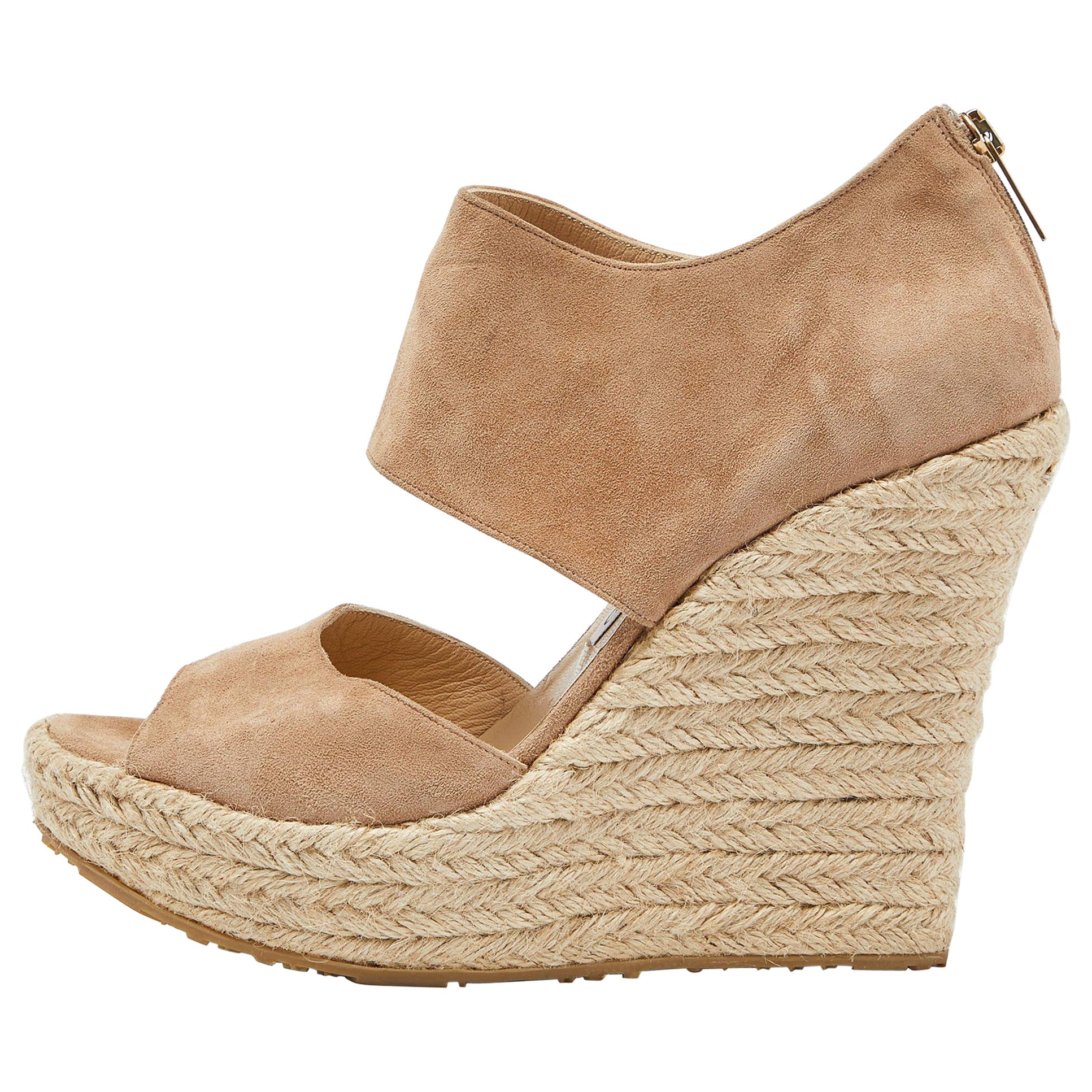 Jimmy Choo Beige Suede Wedge Espadrille Ankle Strap Sandals Size 38.5 For Sale