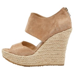 Jimmy Choo Beige Suede Wedge Espadrille Ankle Strap Sandals Size 38.5