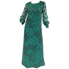 1970s Esther Wolf Green Organic Print Maxi Dress 1