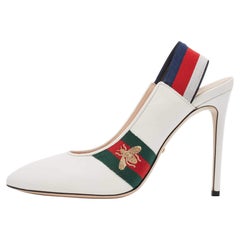 Gucci White Leather Web Detail Sylvie Slingback Pumps Size 40
