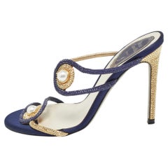 René Caovilla Blue/Gold Satin Crystals Embellished Slide Sandals Size 36