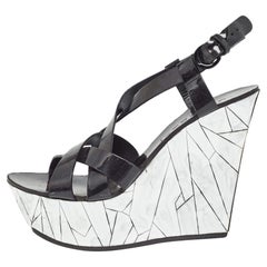 Casadei Black/Silver Patent Leather Mirrored Crack Wedge Sandals Size 40
