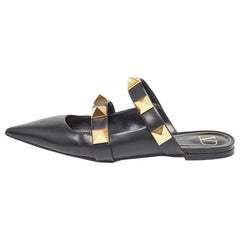 Valentino Black Leather Roman Stud Mules Size 40