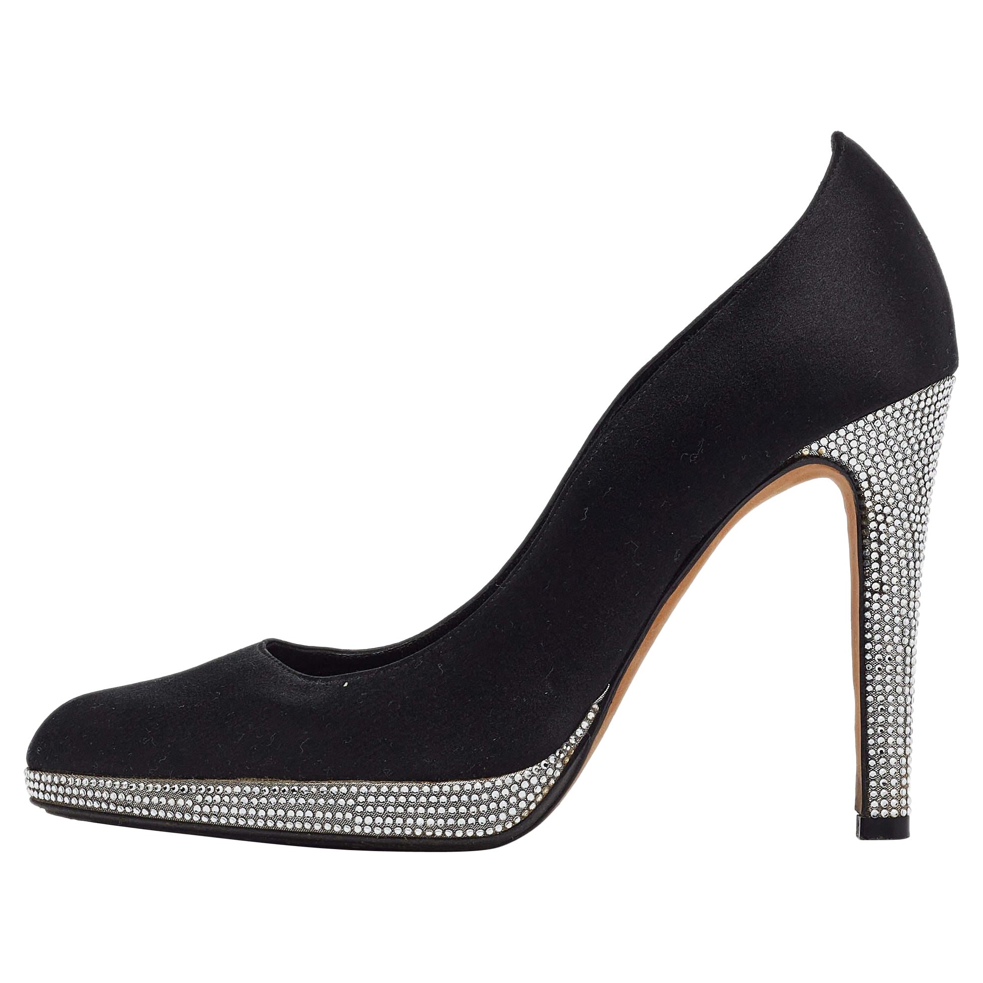 Ren&eacute; Caovilla Black Satin Crystal Embellished Platform Pumps Size 37 For Sale