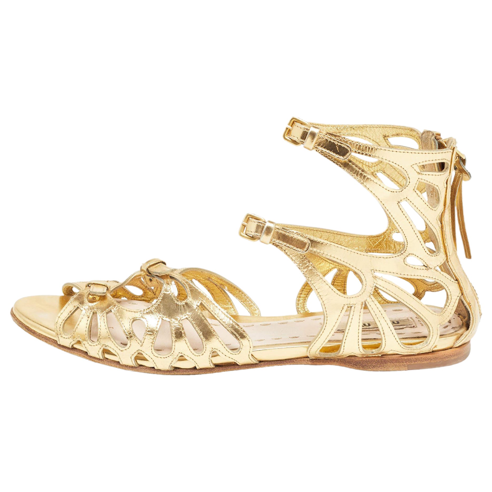 Miu Miu Gold Cut Out Leather Flat Sandals Size 36 For Sale