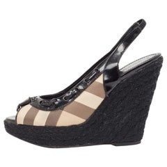 BurberryBlack/Beige Canvas and Patent Wedge Sandals Size 39