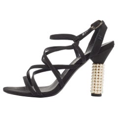 Chanel Black Canvas Strappy Faux Pearls Heel Sandals Size 41.5
