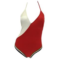Vintage 1980s Roberta di Camerino Red & White Surplice-Look Swimsuit -- New Old Stock  