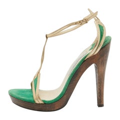 Jimmy Choo Green/Gold Suede and Leather T-Bar Ankle Strap Sandals Size 39