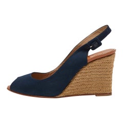 Christian Louboutin Navy Blue Canvas Puglia Espadrille Wedge Sandals Size 39