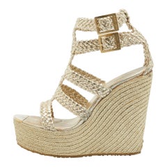Jimmy Choo Gold Braided Leather Wedge Sandals Size 39