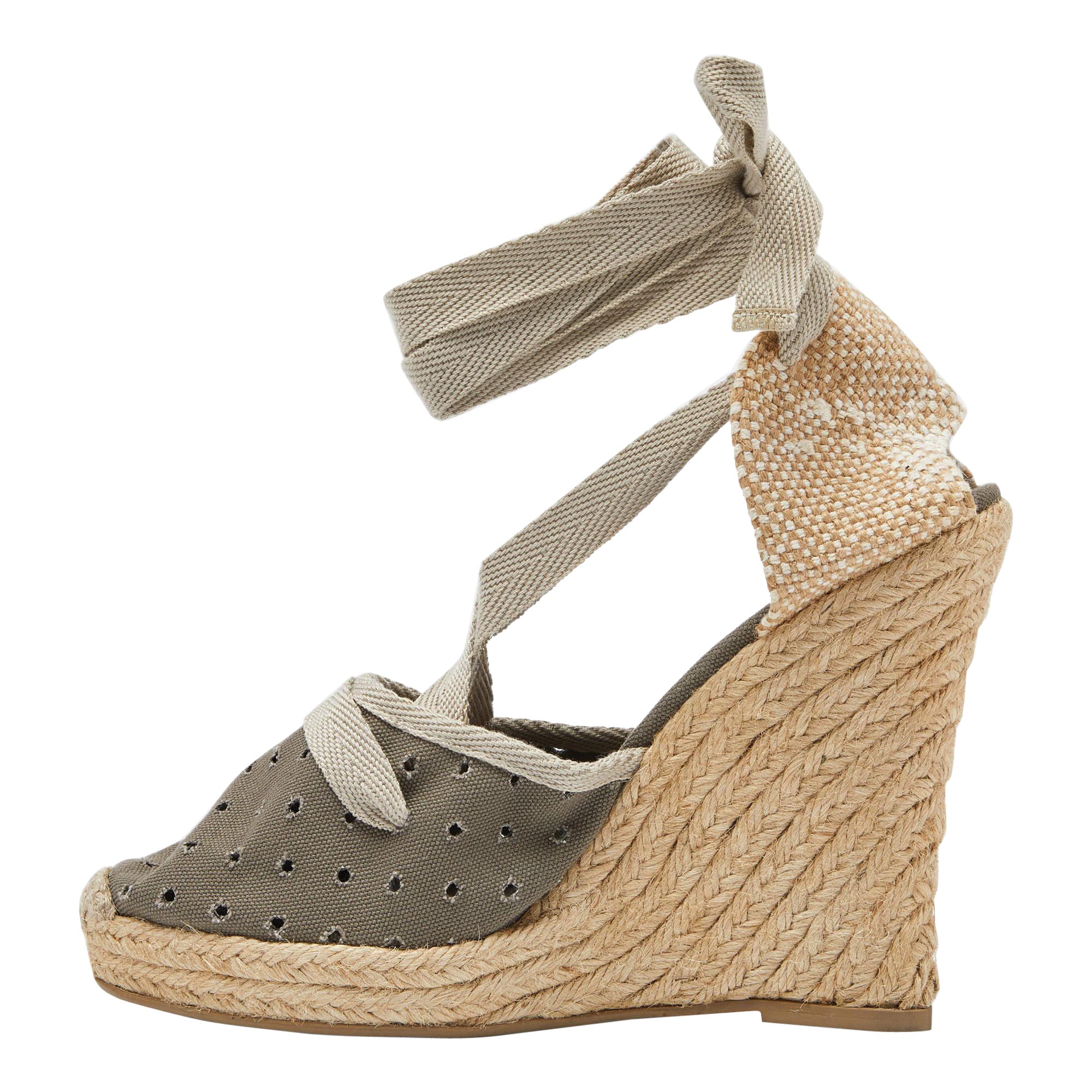 Stella McCartney Grey Fabric and Canvas Ankle Wrap Wedge Pumps Size 39
